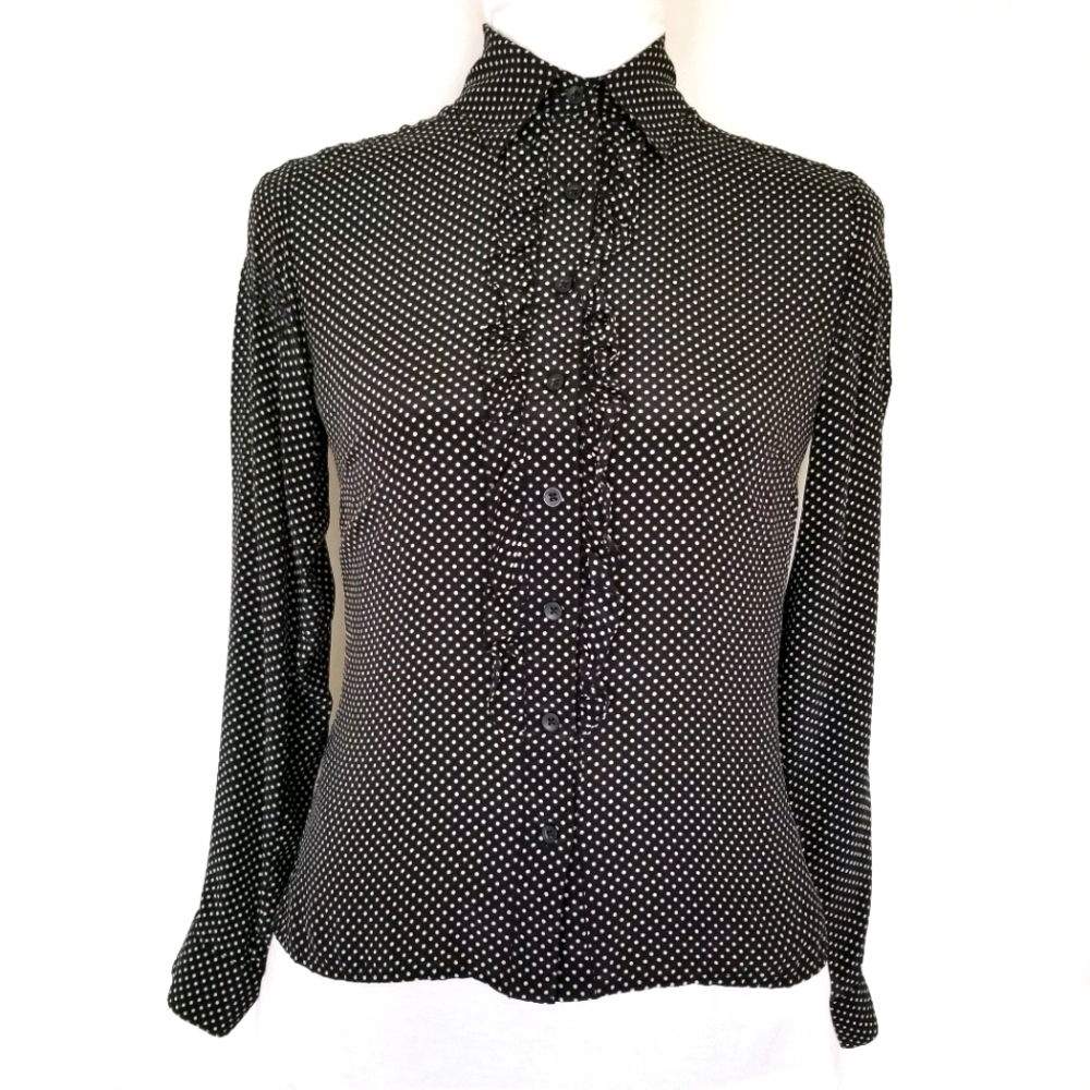 ✅George Black/White Polka Dot Ruffled Dress Silk Button Front Shirt XS #1164 B31